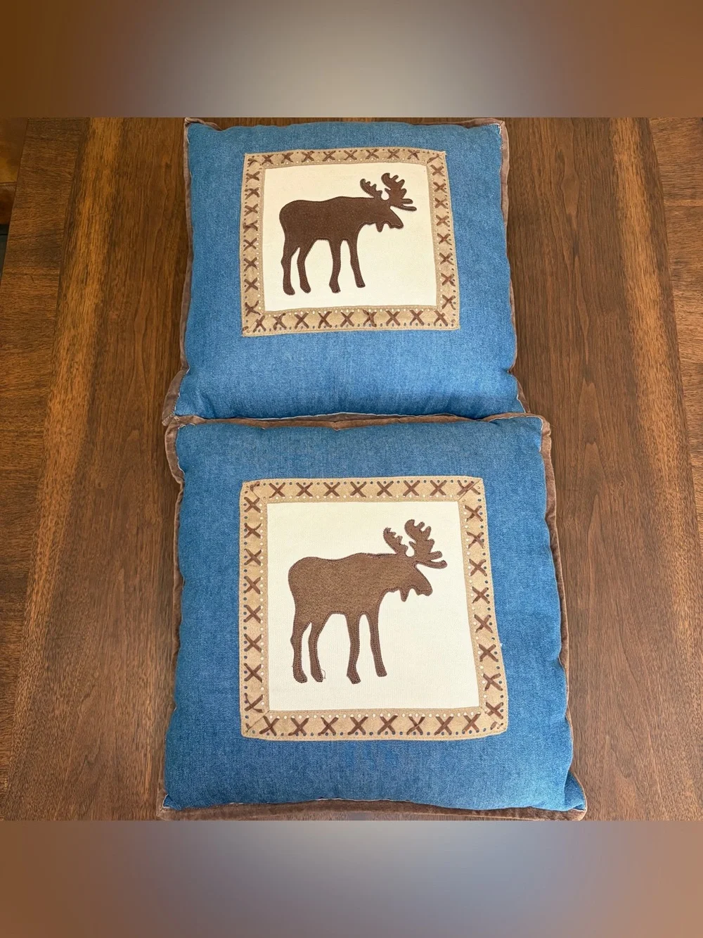 Woolrich Moose Blue Brown Decorative Pillows Piped Edges Set of 2 Rustic Cabin